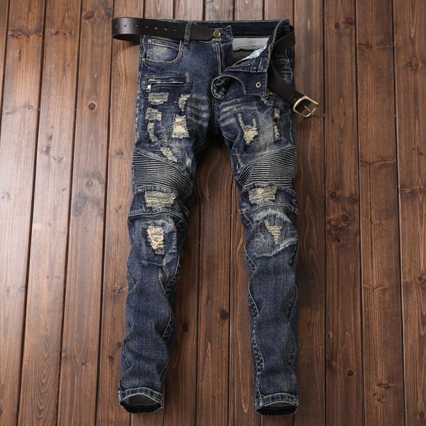 

men's jeans designer summer new hole patch jeans men's korean youth slim fit small straight pants nostalgic ihsu, Blue