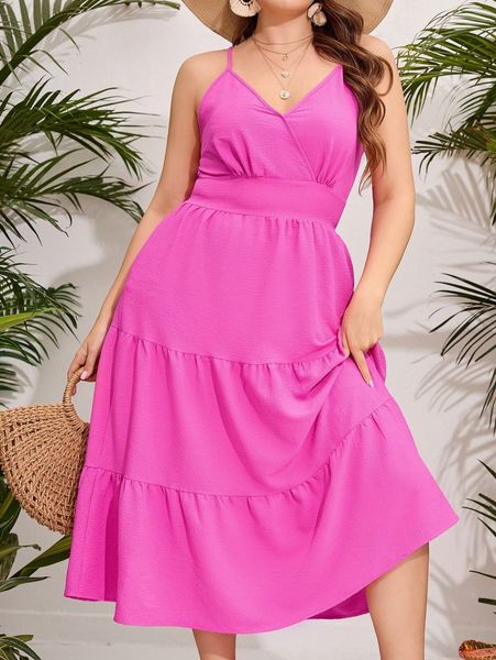 

plus overlap collar crisscross back ruffle hem cami dress 888h#, Black