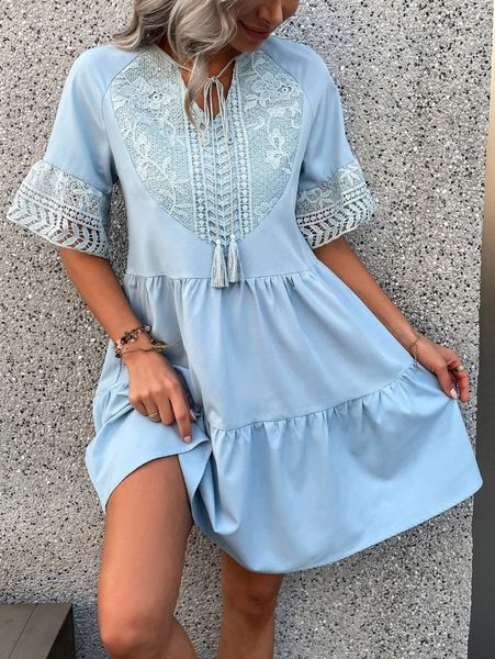 

contrast guipure lace tassel tie ruffle hem dress e9pc#, Black;gray