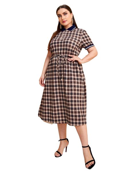 

plus plaid striped trim drawstringÂ waist dress r81v#, Black