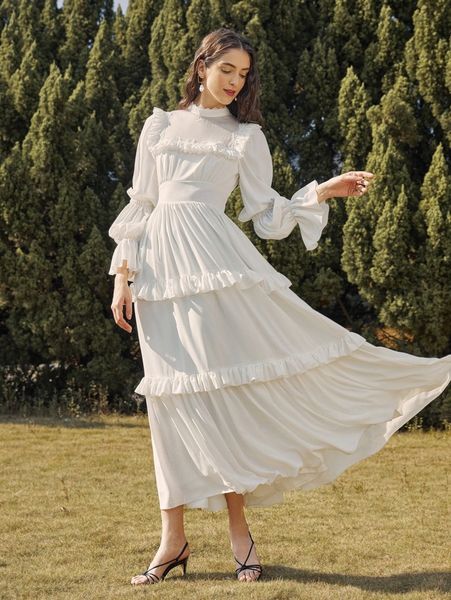 

mock neck gathered sleeve layered ruffle detail dress h5gh#, Black;gray