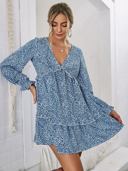 

allover print frill trim knot back flounce sleeve smock dress u8sq#, Black;gray