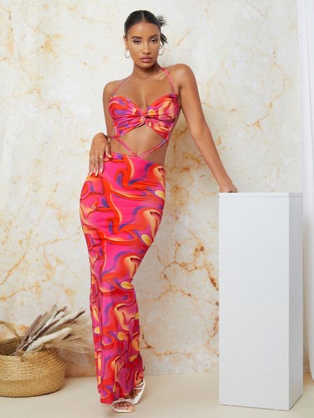 

splash print twist front tied backless bodycon dress c8lg#, Black;gray