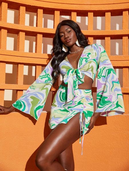 

allover print knot front trumpet sleeve crop blouse y6ht#, White