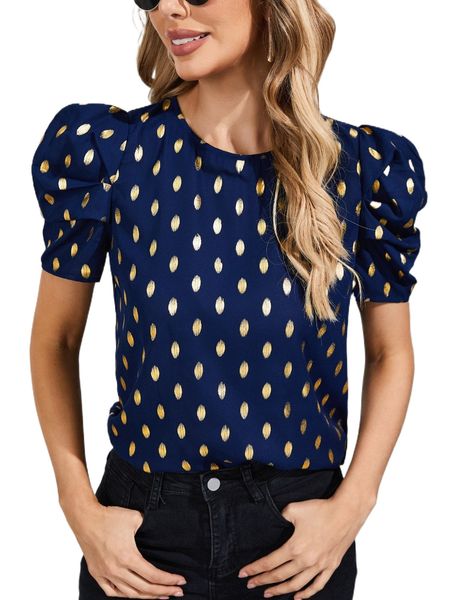 

gold dot print puff sleeve blouse v2hy#, White