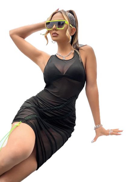 

drawstring mesh bodycon dress without lingerie e48p#, Black;gray