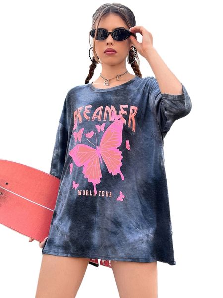 

letter & butterfly print tie dye drop shoulder tee s3f4#, White