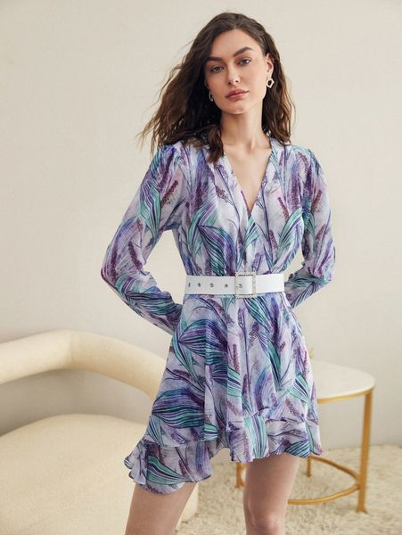 

leaf print overlap collar layered hem chiffon dress without belt v4aa#, Black;gray