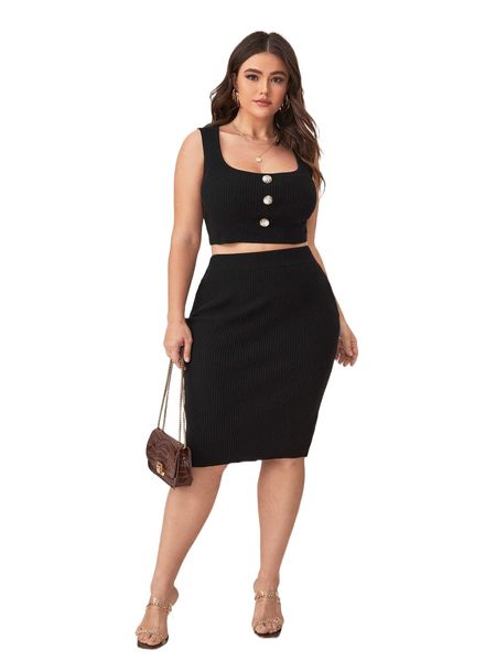 

plus fake button tank knit & knit skirt m72a#, Black