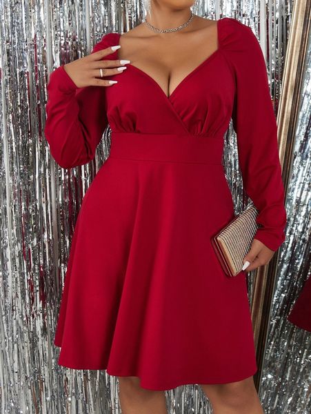 

plus sweetheart neck puff sleeve dress v58v#, Black