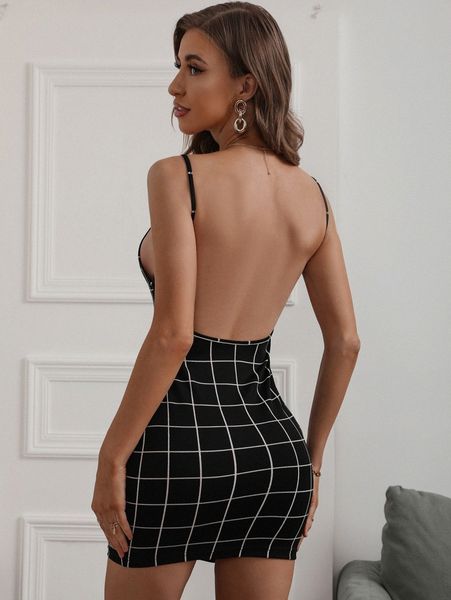 

grid print backless bodycon dress v02z#, Black;gray
