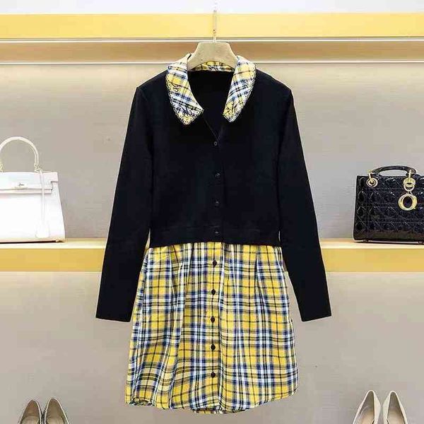 

casual dresses fadan early autumn french college style lapel plaid stitched single breasted dress, Black;gray