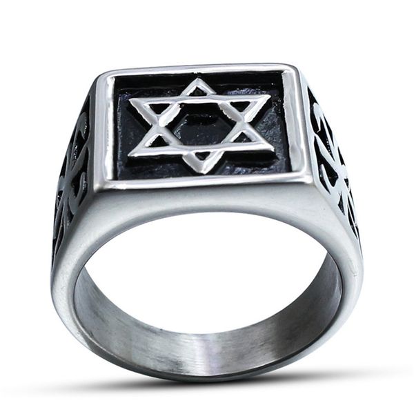 Anel de aço inoxidável único de forma quadrada anel de aço inoxidável punk jewish jóias Hexagram Estrela dos homens de David Religião Retro Anéis de Prata para Homens Jóia