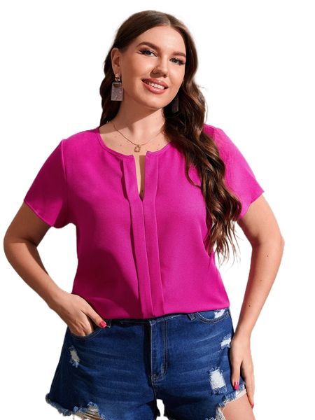 

plus press crease notched neck blouse g9g1#, Black