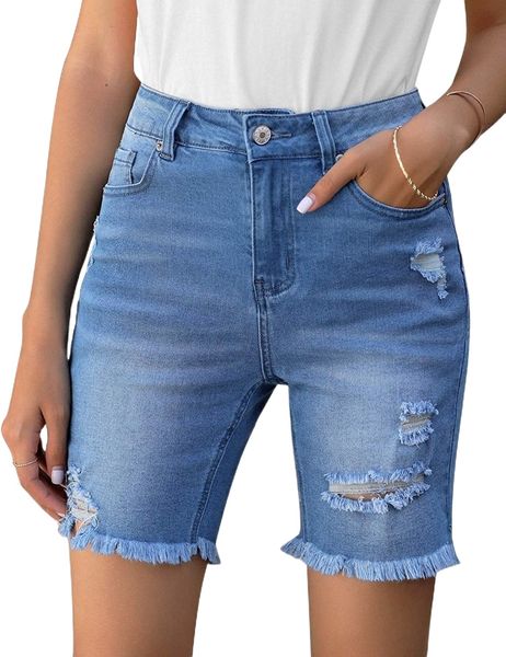 

women's high waisted bermuda shorts ripped distressed stretch denim shorts c9hx#, White;black