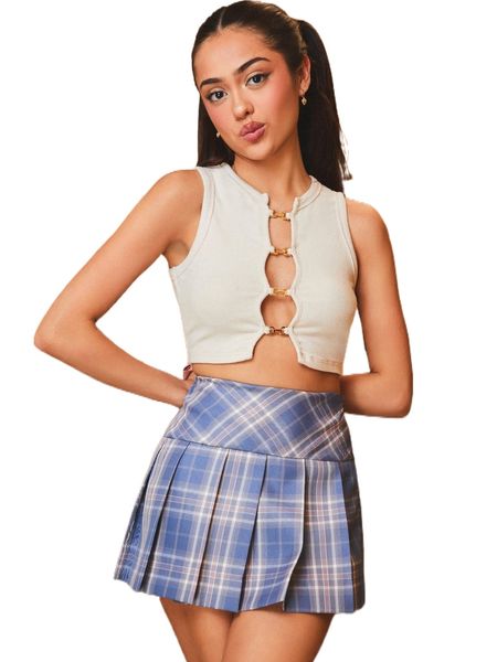 

nailea x squad tartan print wide waistband pleated skirt l3ge#, Black