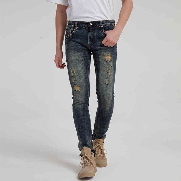 

men's jeans european washes old patches torn jeans men's slim fit small feet fashion brand international high-end casual pants koh, Blue
