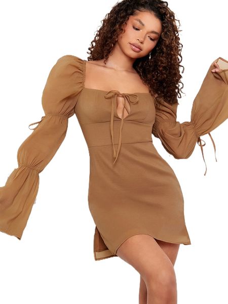 

gathered sleeve square neck tie front dress l74f#, Black;gray