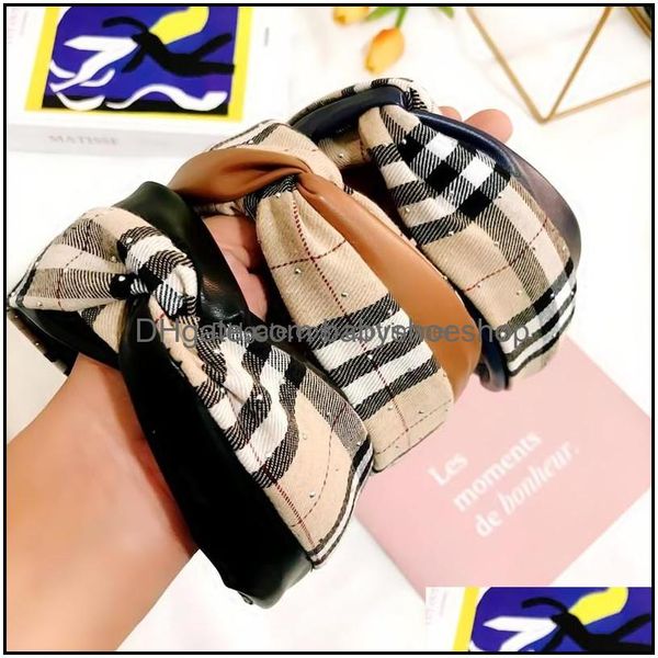 

5color wholesale fashion designer brand letters print headband luxury turban british style grid pattern wide edge knotted hair hoop headwear, Black;brown