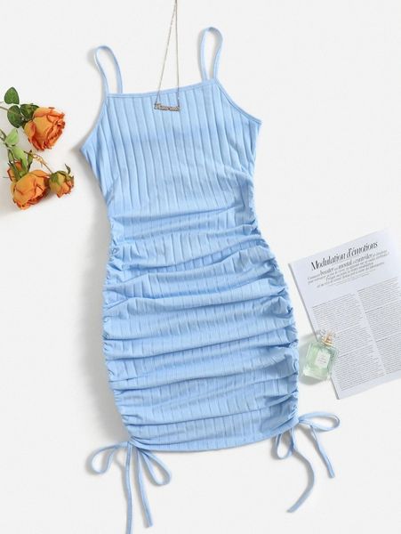 

drawstring side rib-knit dress 86yl#, Black;gray
