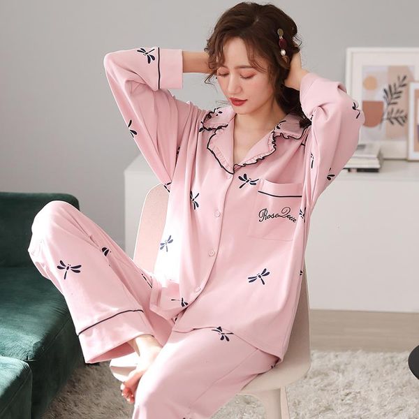 

autumn 100 cotton sleepwear women pajamas set long sleeve turn-down collar print loose soft -3xl female homewear, Black;red
