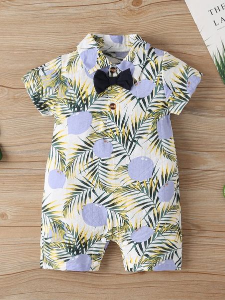 

baby boy leaf bow collar shirt jumpsuit shorts she, Blue