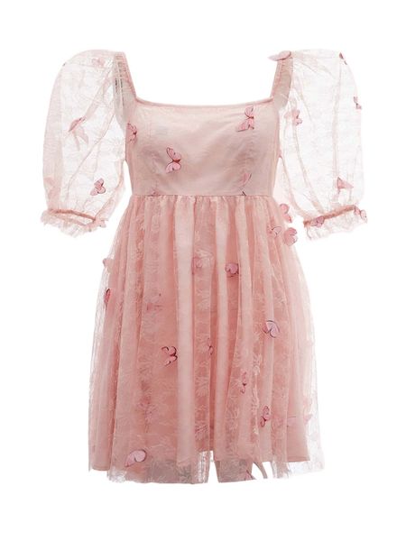 

butterfly appliques puff sleeve mesh dress i3ml#, Black;gray