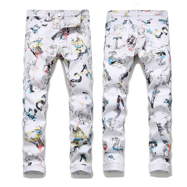 

white color street fashion printed jeans man stretch slim fit casual, Blue