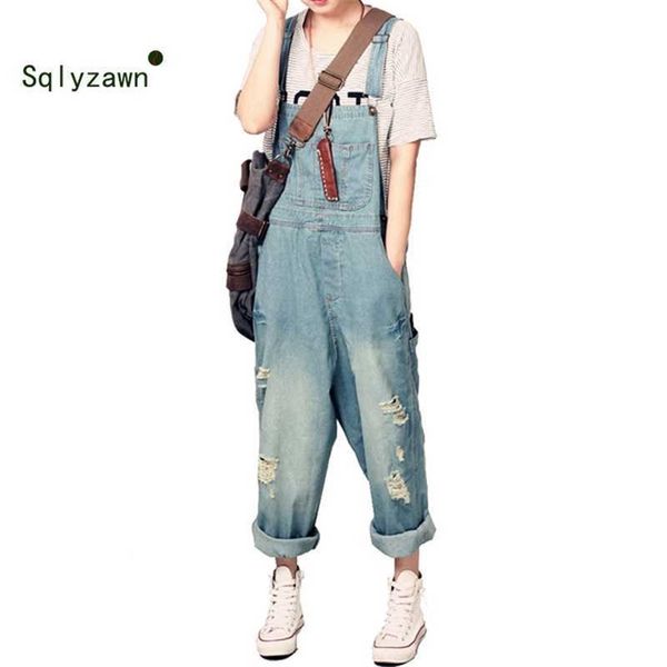

women's casual blue loose bib denim overalls lady oversized hole ripped baggy cowboy strap jeans wide leg cross pants for woman 210709, Black;white