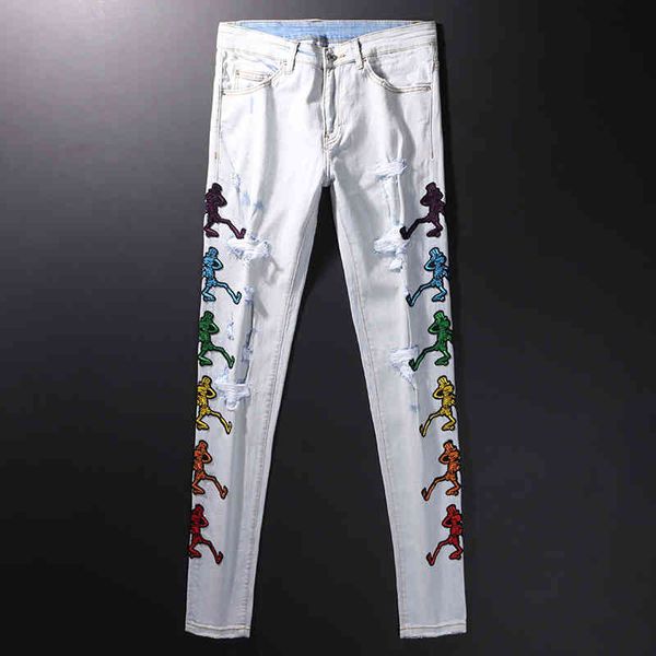 

men's jeans high street young men's jeans holes elastic patches versatile fashion brand embroidered slim leggings c9bk, Blue