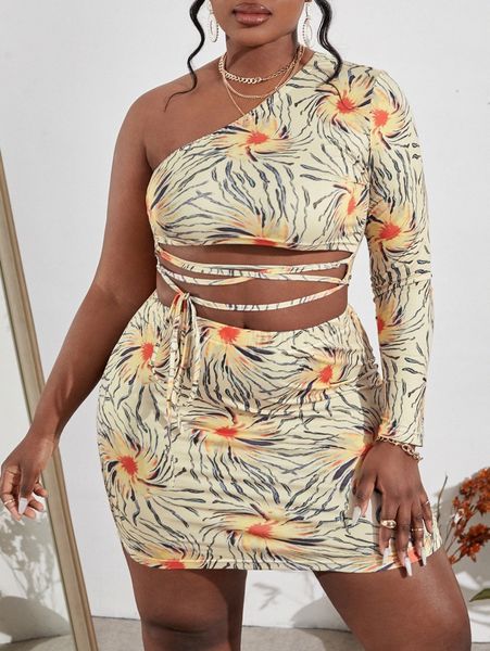 

sxy plus one shoulder lace-up floral print crop & skirt q8xo#, Black