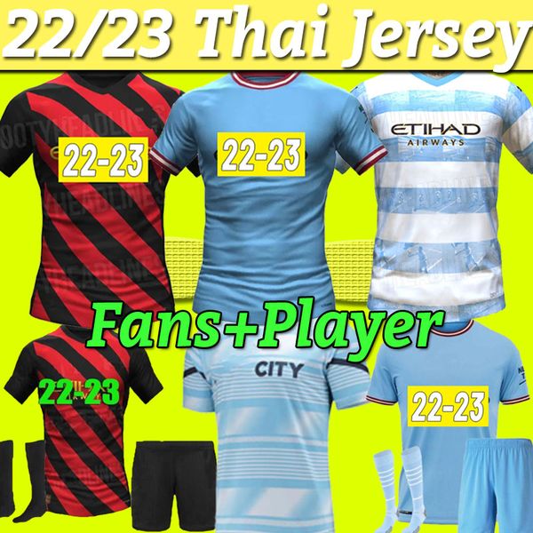 

man grealish sterling manchester player version soccer jersey de bruyne foden 2022 2023 football shirts men kids kit sets uniform full kit s, Black;yellow