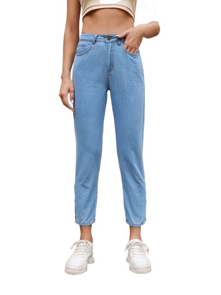 

high waisted zip fly cropped jeans t1y7#, Blue