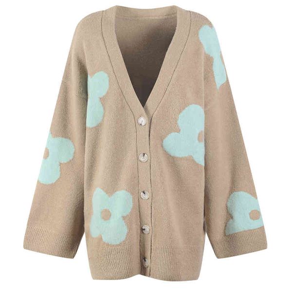 

women's knits tees lazy style flower print knitted cardigan women's autumn and winter loose slim v-neck aging jacket sweater tdc0, White