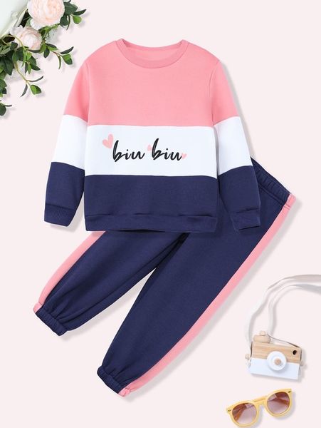 

toddler girls heart and letter graphic color block pullover & sweatpants she, White