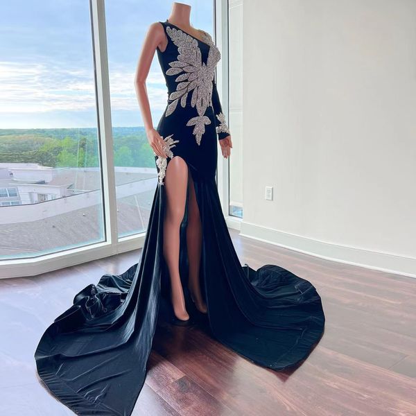 

vintage black mermaid prom dresses 2022 for women beaded crystal high side slit one shoulder celebrity party gowns evening dress robes de so