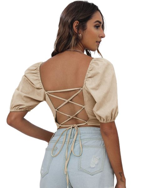

lace up backless puff sleeve p0ur#, White