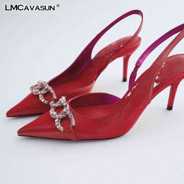 Sapatos de vestido LMCavasun Blingling Crystal Mulheres Dress Sapatos Pontos de Tee Red Slingbacks 220316