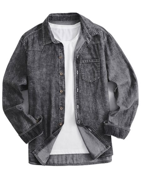 

men 1pc button through pocket front denim shirt v5fw#, White;black