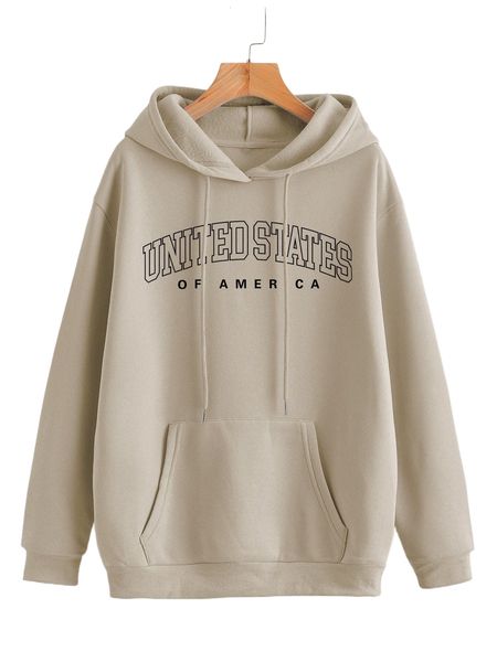 

letter graphic kangaroo pocket drawstring thermal hoodie h27g#, Black
