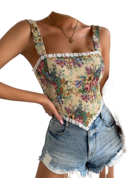 

floral pattern lace trim bandana hem cami n5li#, White