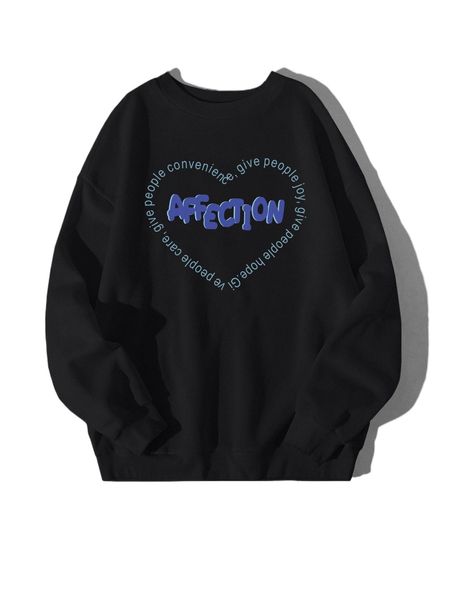 

heart & slogan graphic drop shoulder pullover u9kl#, Black
