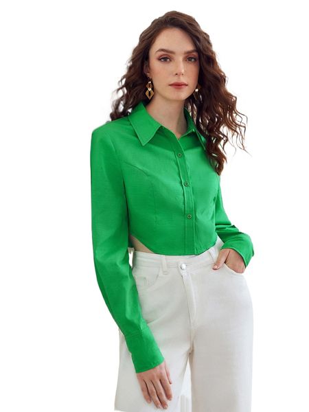 

solid button front curved hem blouse n7on#, White