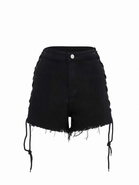 

lace up side raw hem denim shorts d2dy#, White;black