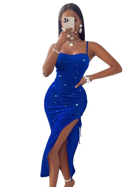 

sxy rhinestone drawstring split thigh velvet cami dress s9vh#, Black;gray