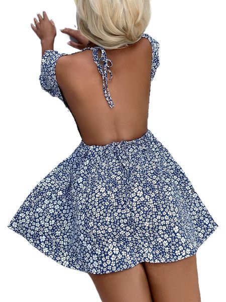 

ditsy floral print puff sleeve tie backless dress n68s#, Black;gray