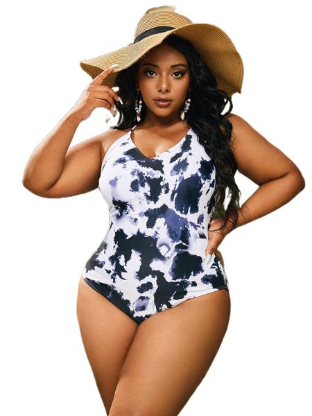 

plus tie dye criss-cross tie backless one piece swimsuit 96mi#, White;black