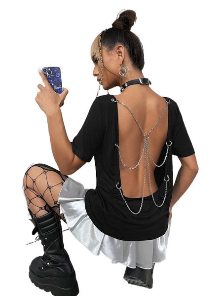 

ring linked chain detail backless tee 411k#, White
