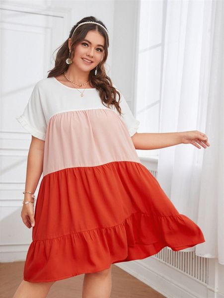 

plus color block dolman sleeve ruffle hem smock dress l658#, Black