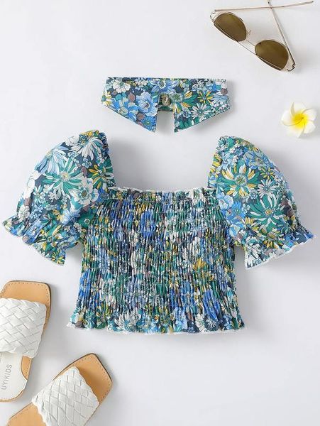 

toddler girls floral print puff sleeve shirred blouse with dickey collar she, White;black